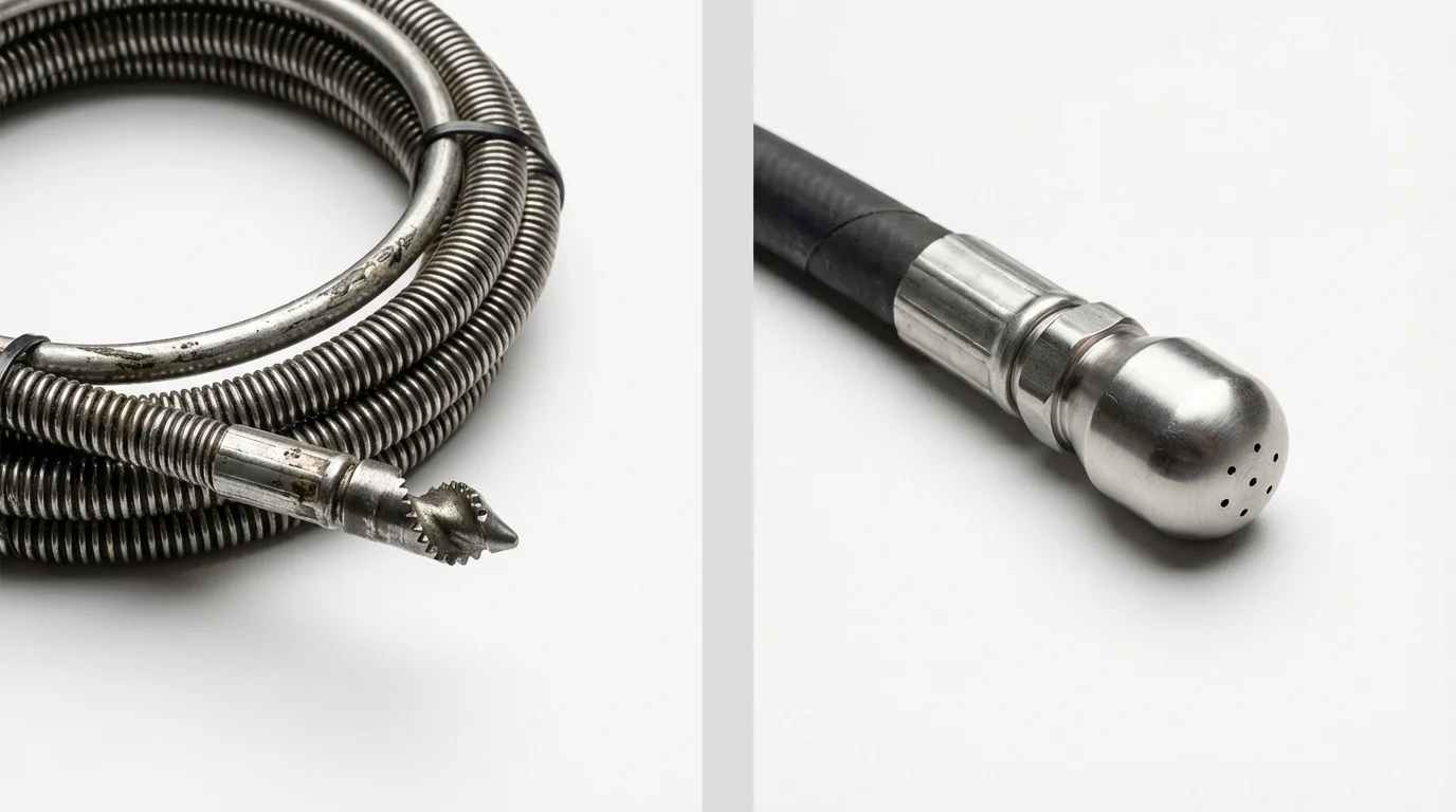 Drain snake cable and hydro jetting nozzle used for drain cleaning in Audubon, NJ