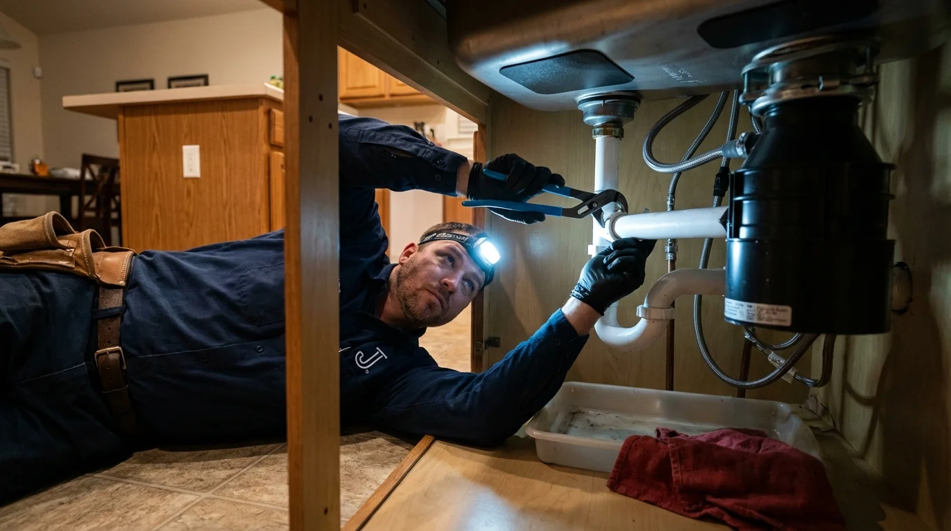 P-trap and supply line connections under a kitchen sink showing a common leak point in Audubon, NJ